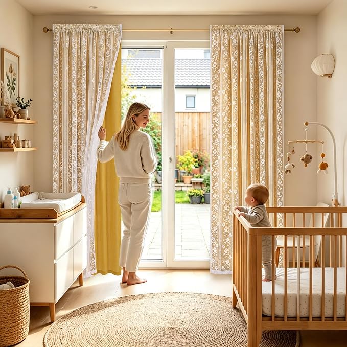 ASPMIZ Linen Curtains for Living Room Double Layer Curtains with Linen Lace, Mustard Yellow Bedroom Curtain Light Filtering, Rod Pocket Drapes 63 Inch Length 2 Panels Set with 2 Tiebacks, 52x63
