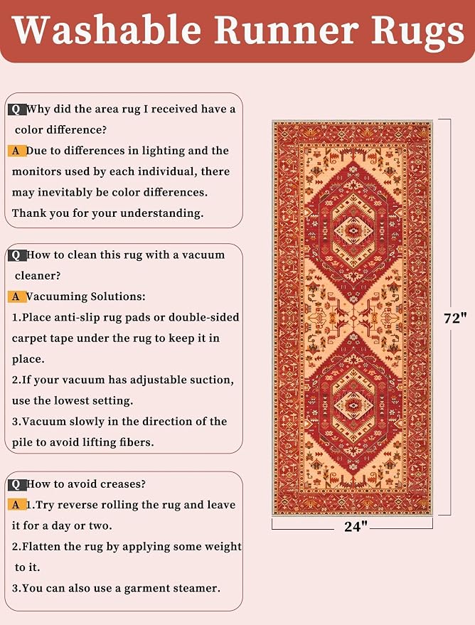 SERISSA Boho Washable Runner Rug, 2x5 Rug Runner Non-Slip Vintage Red Hallway Kitchen Runner Rug Ultra Soft Print Distressed Floor Carpet Runner for Bedroom Bathroom Laundry Living Room