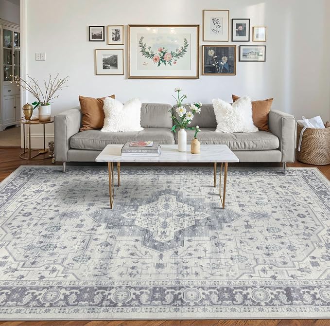 Rugxara 8x10 Washable Area Rug for Living Room, Extra Large Vintage Boho Rugs for Office, Kids Room, Farmhouse, Durable Low Pile Non Slip Carpet for High Traffic Areas,Blue Quartz