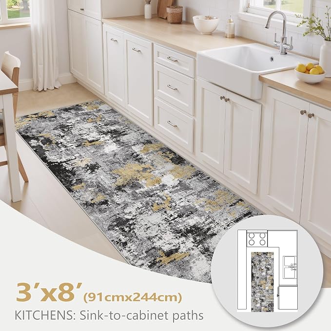 Abstract 3x8 Runner Rug: Machine Washable Non Slip Ultra Thin Low-Pile Carpet, Soft Stain Resistant for Hallway Kitchen Bathroom, Kid Pet Friendly, Robot Vacuum Compatible - Black Gold