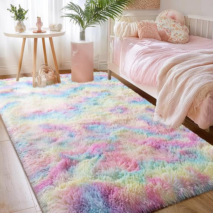 qulint 3x5 Small Rug for Bedroom, Fluffy Rainbow Nursery Rug for Girls | Fuzzy Colorful Rug for Living Room, Shaggy Modern Carpet for Kids Room Dorm Classroom Home Decor