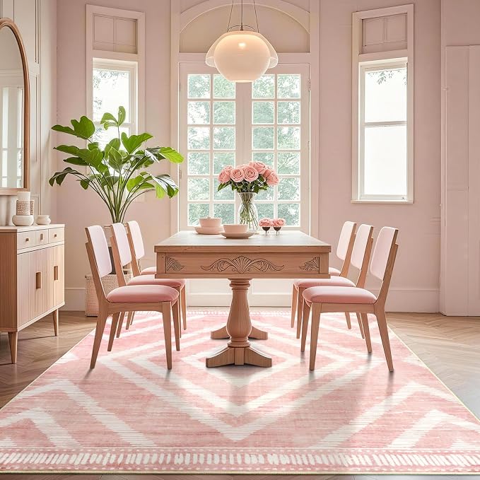 Boho Pink Washable Area Rugs 5x7ft for Living Room, Soft Bedroom Nursery Rugs Non Slip, Modern Thin Kids Playroom Floor Carpets for Dining Room Home Office Decor