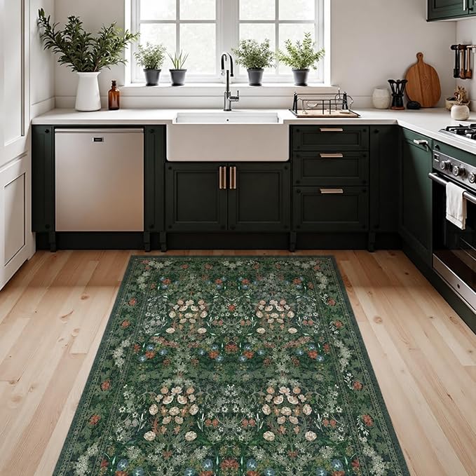 Green Boho Floral 3x5 Rugs for Large Entryway, Farmhouse Botanical Washable Area Rug for Dorm, Bedroom Bedside, Foyer, Kitchen, Laundry - Cottagecore Distressed Carpet, Low Pile Non Slip Mat