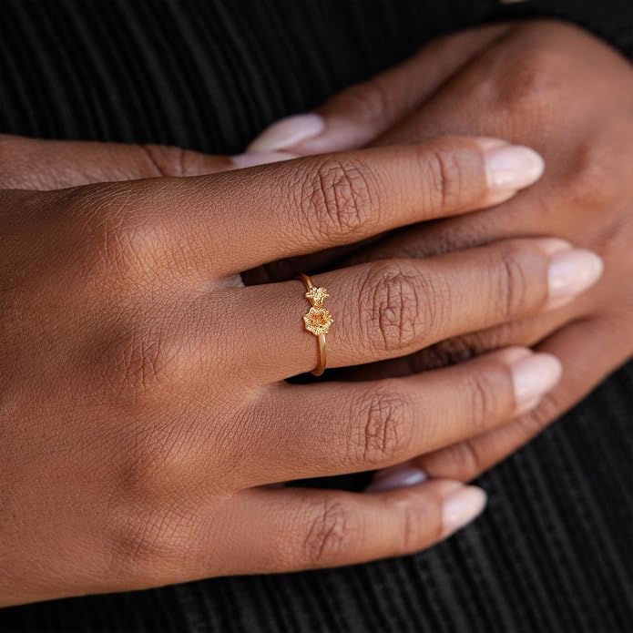 Birth Flower Ring for Women 14K Gold Plated Floral Minimalist Stackable Finger Jewelry Birthday Gifts