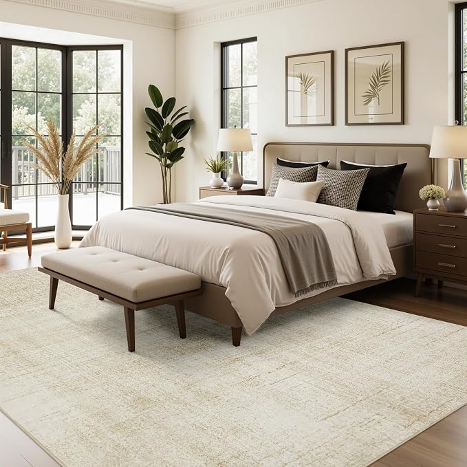 Joydeco Washable 5x7 Area Rugs for Living Room Bedroom, Boho Abstract Beige Dining Room Rug Non Slip, Soft Neutral Classic Indoor Throw Carpet for Playroom Dorm Classroom Entryway Office