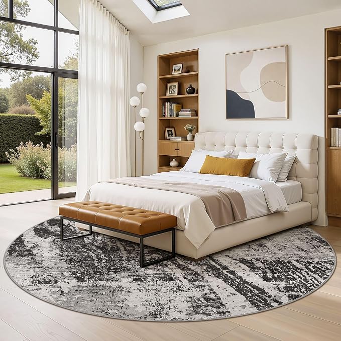DMOYEST 8ft Round Washable Area Rug for Living Room: Modern Abstract Neutral Circle Carpet, 8x8 Soft Low Pile Non-Slip Floor Mat for Bedroom Under Dining Table, Kids & Pet - Black