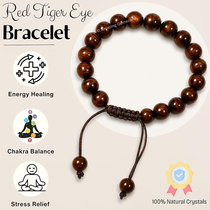 Amazing Gemstone Red Tiger Eye Bracelet, Gifts for Men & Women - Protection Healing Crystal Bracelet - 8mm Gemstone Beaded Adjustable Bracelet, Pulseras para Hombres Mujer Stocking Stuffers