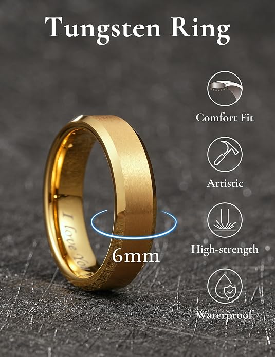 King Will Tungsten Carbide Wedding Band for Men Women-4/6/8mm Width 14K Gold Plated Tungsten Wedding Ring Matte Brushed & High Polished Style Comfort Fit Wedding Band Size 6-14