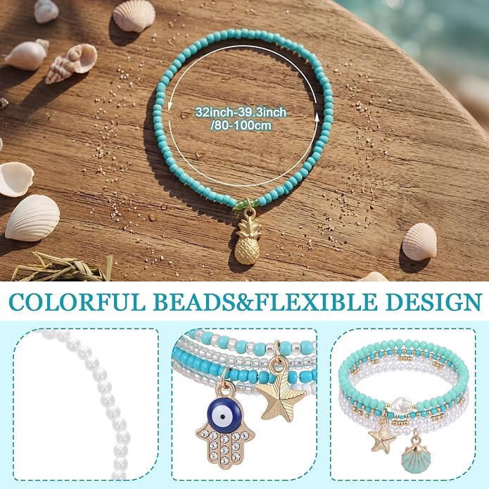 Junkin Boho Beaded Anklets for Women Girls African Multicolor Layered Ankle Bracelet adjustable Summer Hawaii Beach Foot Chain