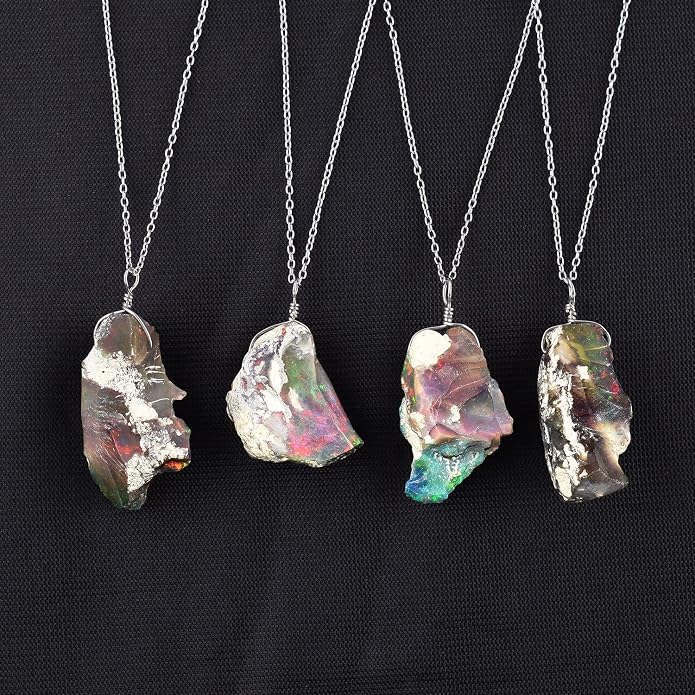 Ultra Fire Raw Ethiopian Opal Rough Dainty Pendant Necklace For Women, Healing Chakra Crystals, Handmade October Birthstone Jewelry, 925 Silver Chain 18 inch, Wedding Gift