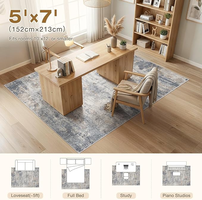 cotiled 5x7 Area Rugs Abstract Soft Non Slip Washable Living Room Rug | Stain Resistant, Robot Vacuum & Pet Friendly, Low-pile, For Living Room, Bedroom, Dining Table, Nursery Blue/Brown