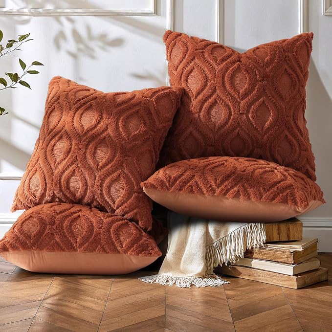 decorUhome Rust Faux Fur Soft Throw Pillow Covers 16X16 Set of 4 | Fall Neutral Decorative Plush Couch Pillow Covers, Accent Modern Farmhouse Neutral Pillow Cases for Sofa Bed Living Room