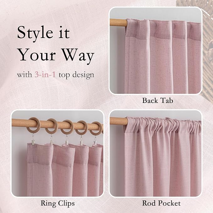 MYSKY HOME Extra Long Country Curtains for Sliding Glass Door Windows, Back Tab Semi Sheer Living Room Curtain Panels Ceiling to Floor Length Drapes Linen Texture Soft, 50 x 108 in, Pink, Set of 2
