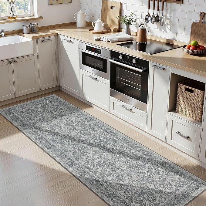 Joydeco Washable 2x6 Hallway Runner Vintage, Light Gray&Dark Gray&White | Water Resistant Low Pile Non Slip Backing for Kitchen Entryway Bedroom Bathroom Dining Room