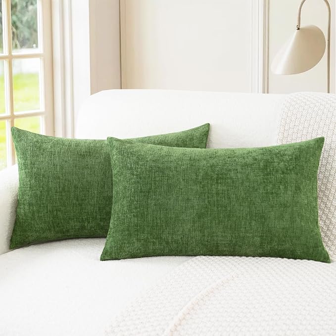 CaliTime Throw Pillow Covers Decorative 12 X 20 Inches Pack of 2 Cozy Chenille Cushion Cases for Couch Sofa Bed Living Room Home Forest Green