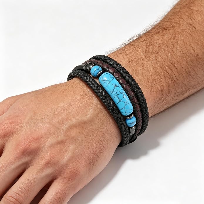 Mens Turquoise/Lapis Lazuli/Tiger Eye/Black Agate/Obsidian Leather Braided Bracelets for Father's Day/Birthdays/Graduation Jewelry Wristband Cuff Bracelet with Stainless Steel Clasp