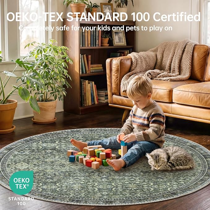 Sasttie Round Rug 4ft, Ultra-Soft Washable Circle Rug, Low Pile Foldable Thin Rugs with Non-Slip Backing, Skin-Friendly Stain Resistant Carpet for Living Room, Bedroom, Kitchen, Dorm, 4ft, Dark Green