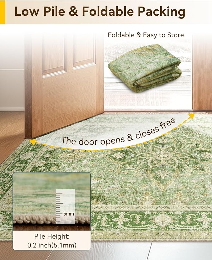 RELEANY Area Rugs Small 2'6"x4' Washable Non-Slip, Floral Vintage Distress Medallion Carpet for Kitchen Entryway Bathroom, Sage Green Yellow