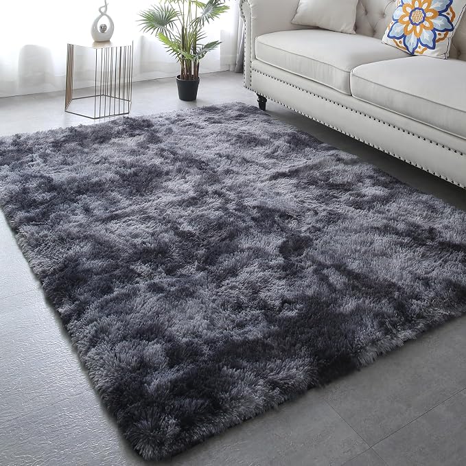 Grey Fluffy Area Rug 5x7 Bedroom - Soft Shag Carpet Tie-Dyed Dark Gray | Sink-In Soft Underfoot - Dense Microfiber Shag Feels Like Cotton Barefoot, Cushioning Every Step From Bedside to Sitting Area