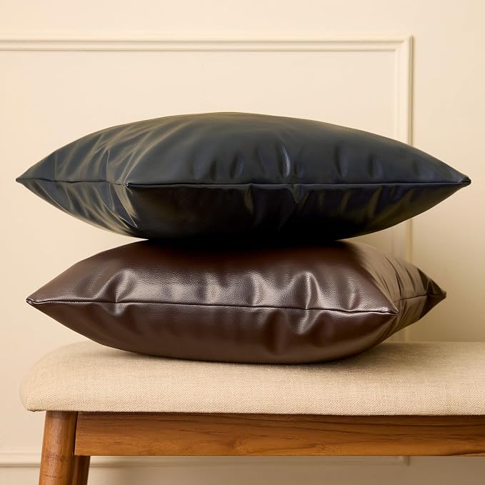 Encasa XO Faux Leather Throw Pillows Covers 20"x20" (Set of 2) | Dark Brown Decorative Cushion Covers | Modern Farmhouse Pillow Cases for Outdoor, Living Room, Bedroom, Couch, Sofa