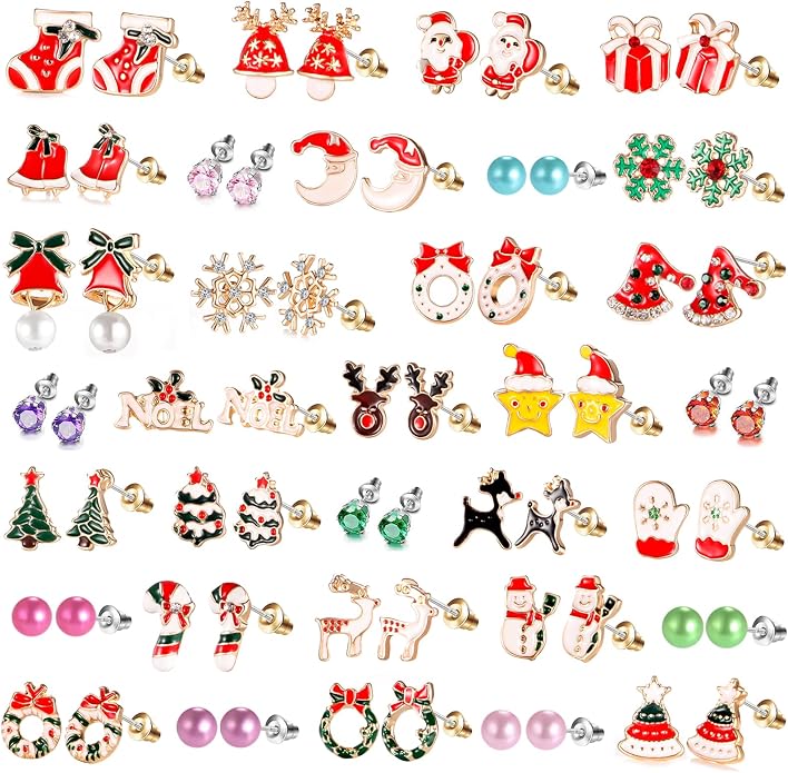 33 Pairs Stainless Steel Cartoon Earrings for Girls - Hypoallergenic Colorful Stud Earing Set, Mix & Match Cute Earring for Teens, Kids, Doll Dressup Accessories