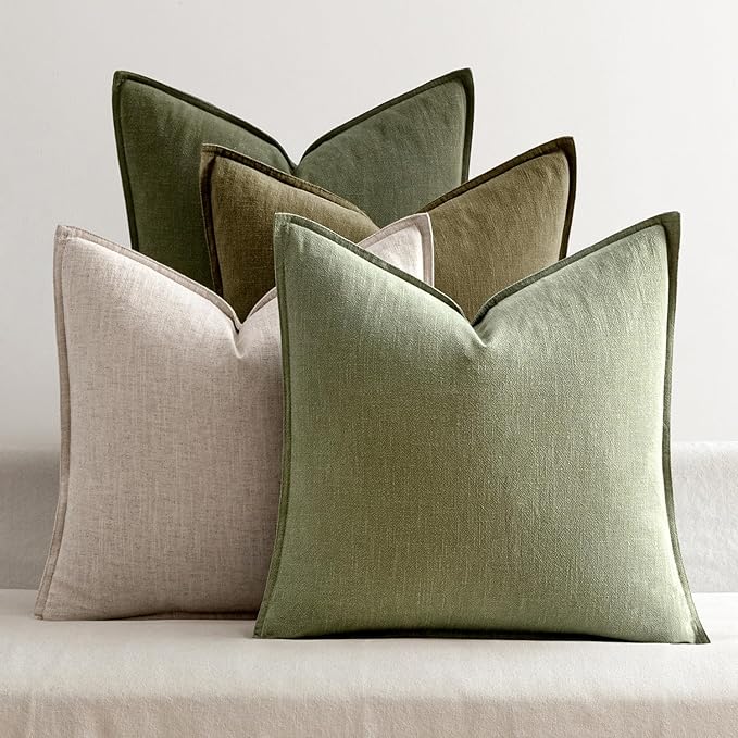 MIULEE Green and White Boho Linen Pillow Covers 20x20 Inch Pack of 4 | Natural Throw Pillow Covers Soft Farmhouse Couch Pillowcases Modern Decor for Living Room Bed Sofa