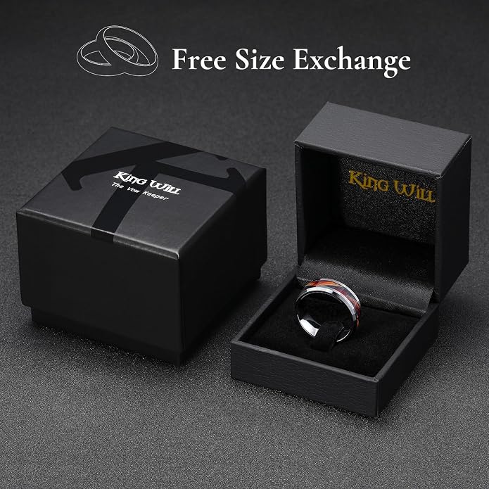 King Will Mens 8mm Black Silver Tungsten Rings, Men's Wedding Rings Fishing Line Inlay Beveled Edge Ring for Men Women, Comfort Fit, Durable