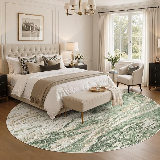 Area Rugs for Living Room: 8ft Round Abstract Washable Rug Modern Neutral Large Soft Stain Resistant Non-Slip for Bedroom Dining Room Indoor Home Office Carpet - Green Brown