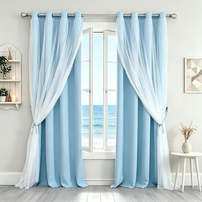 Light Blue Blackout Curtains 84 inch Length - Double Layers Blue Romantic Curtains with Sheer Overlay, Window Curtains & Drapes for Kids/Girls/Boys Bedroom Living Room Nursery, 2 PCs