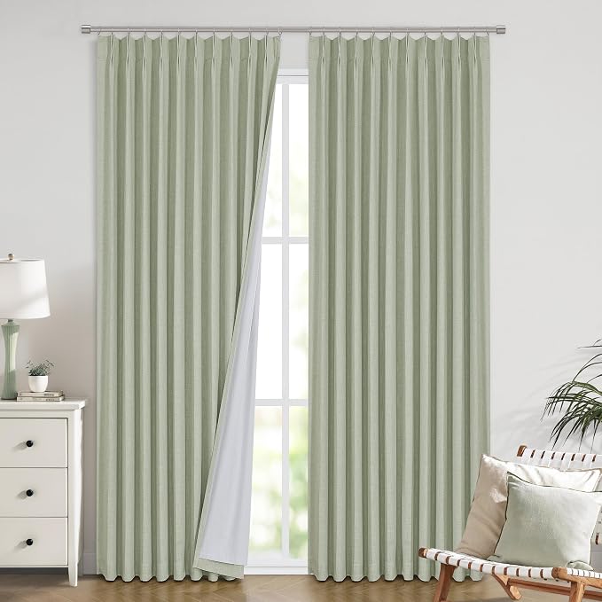 Vision Home Soft Green Pinch Pleated Full Blackout Curtains Linen Blended Room Darkening Window Panels 108 inch for Living Room Bedroom Thermal Insulated Pinch Pleat Drapes with Hooks 60" Wx108 Lx1