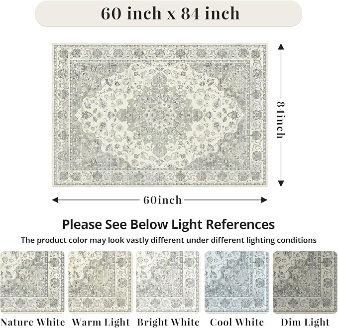 Green 5x7 Washable Area Rug, Non-Slip Soft Ultra-Thin Polyester Carpet with Vintage Stain Resistant Indoor Rug for Living Room, Bedroom, Dining Room, Nursery Oeko-TEX - Green