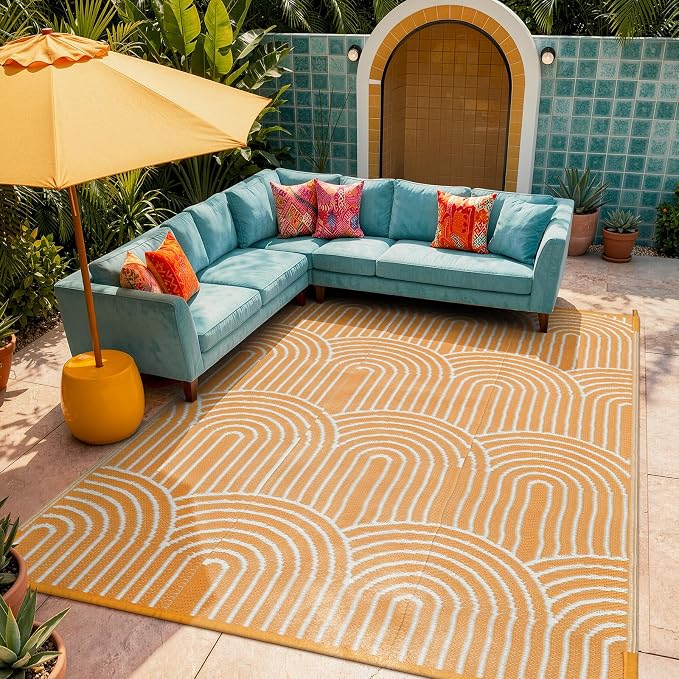 Lahome Outdoor Area Rugs 8x10 Waterproof, Plastic Reversible Rv Mats for Outside, Portable Lightweight Camping Carpet for Beach Backyard Garden (Rainbow Orange, 8'x10')