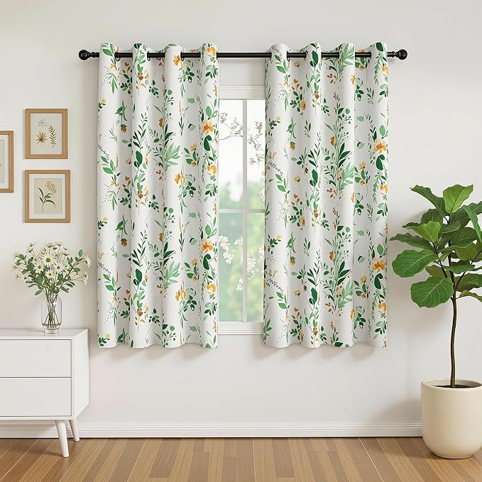 MYSKY HOME Floral Blackout Curtains 63 inch Long 2 Panels Set for Bedroom - Flower Patterned Room Darkening Light Blocking Grommet Window Treatments, 52" W Each Panel, Yellow and Green