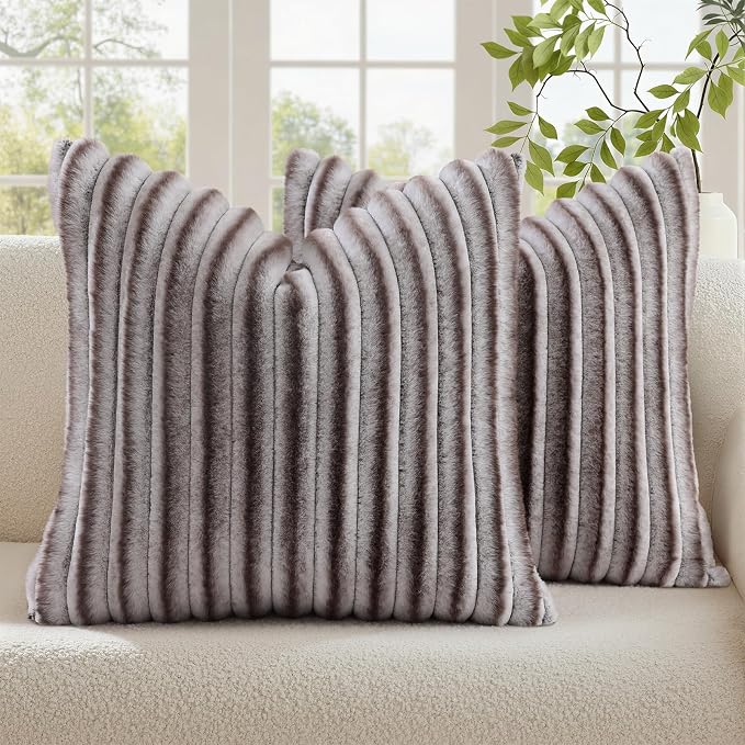 decorUhome Fall Faux Fur Throw Pillow Covers 26x26 Set of 2 Brown White | Decorative Soft Cozy Striped Plush Modern Farmhouse Boho Couch Pillow Cases Velvet Back for Sofa Bed Living Room Home Decor