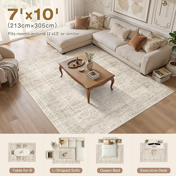 Nakagishi 7x10 Area Rugs Living Room: Washable Large Vintage Rug Neutral Non-Slip Soft Stain Resistant Indoor Carpet for Bedroom Nursery Dining Room Office Playroom - Beige Gray