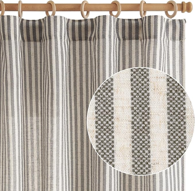 jinchan Linen Curtains 84" Charcoal Grey Stripe on Beige Back Tab 2 Panels | Curtains For Living Room Bedroom,Ticking Stripe, Farmhouse Cottage Core Rustic,Rod Pocket Window Treatment,Light Filtering