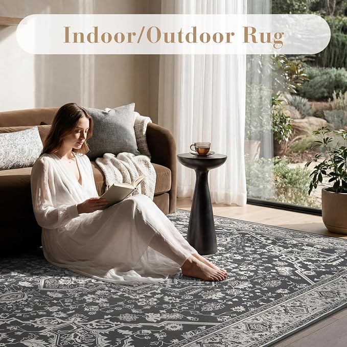 AMOAMI-Outdoor Rug-Patio Rug 8x10 ft Quick Dry Flatweave Textured Machine Washable Outdoor Carpet with Rubber Backing Vintage Outdoor Area Rug for Patio Deck Front Porch Balcony Greyish Black