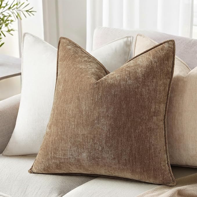 decorUhome Chenille Brown Velvet Throw Pillow Covers 18x18 Set of 2 | Fall Soft Couch Decorative Modern Farmhouse Pillow Cases with Elegant Design for Sofa Bed Living Room Home Decor