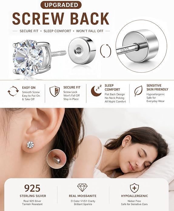 Moissanite Stud Earrings for Women, S925 Sterling Silver Screw Back Flat Back Earrings, Hypoallergenic 14K Gold/White Gold Plated Cartilage Piercing Studs, D Color VVS1 Round Cut 3-5mm