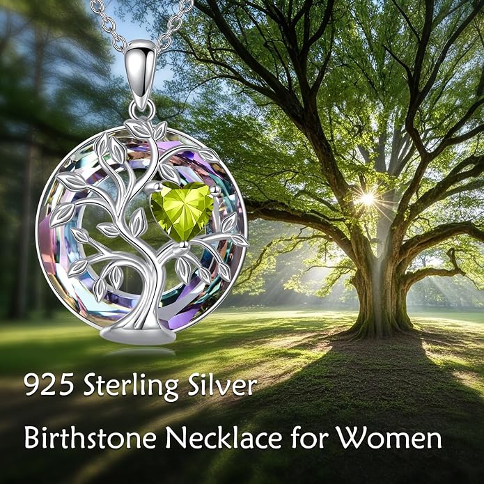 Tree Of Life Birthstone Necklace 925 Sterling Silver Crystal Family Tree Pendant Necklaces Heart Birthstone Jewelry For Women Female Anniversary Birthday Gifts