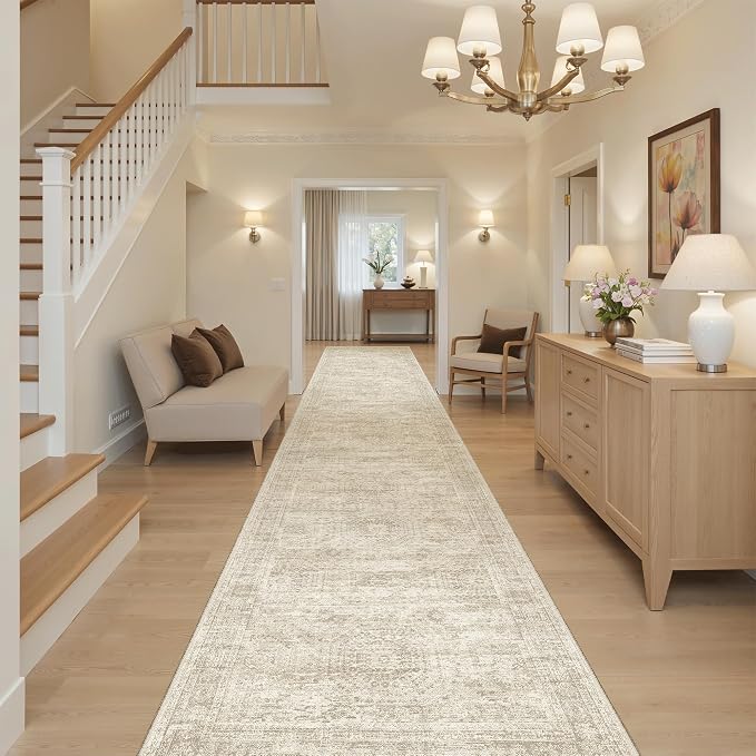 Soalmost Hallway Runner 3x14 - Runner Rugs 14ft Washable Entryway Rug Vintage Kitchen Runners Non Slip Indoor Rug Farmhouse Carpet Runner for Bathroom Living Room Bedroom, Beige
