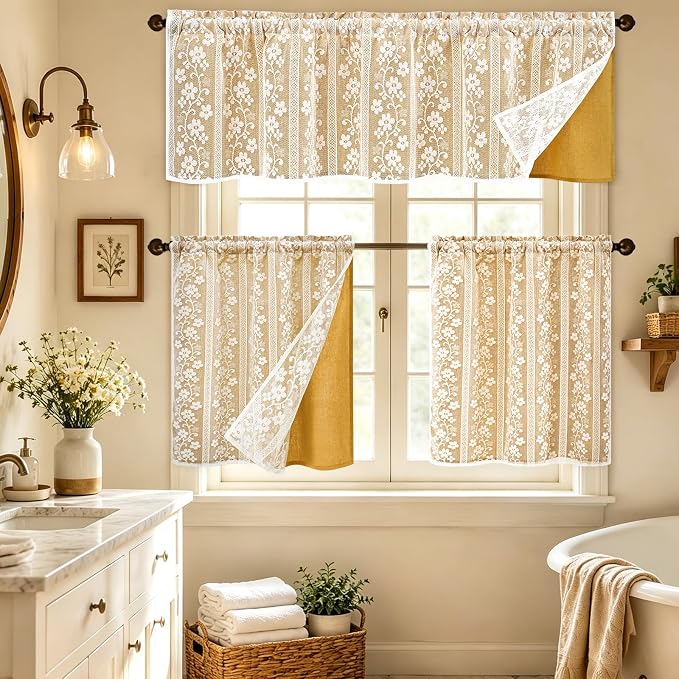 ASPMIZ Linen Valances for Windows Double Layer Valance Curtains with Lace Overlay, Mustard Yellow Kitchen Curtains Light Filtering, Rod Pocket Window Valances for Living Room, Kitchen, Cafe, 52x18
