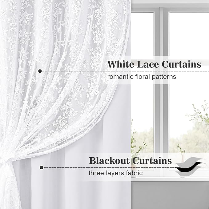 Yinhua Blackout Curtains for Bedroom Double Layer Grey Curtains for Living Room 63 Inch Length 2 Panels Set Kid Curtain with Floral Sheer Overlay, Grommet Drapes with Tiebacks, 52" W x 63" L