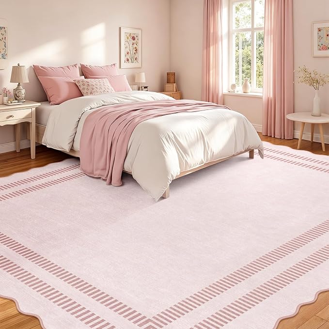 Pink Rugs for Living Room 9x12, Machine Washable Scalloped Area Rugs for Bedroom Girls, Non Slip Ultra-Thin Low-Pile Carpet for Playroom Nursery Kids Room