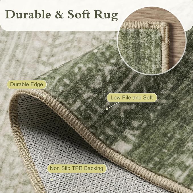 6x9 Area Rugs for Living Room Non Slip Machine Washable Rug Distressed Abstract Soft Indoor Carpet Neutral Boho Rug for Bedroom Dining Room Playroom Office, Green