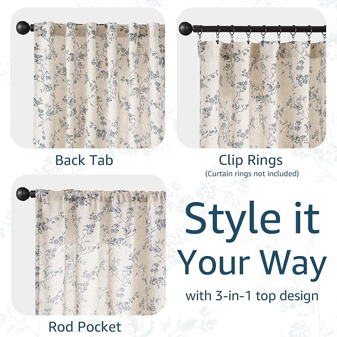 jinchan Blue Floral Linen Curtains 84 Inch Country Drapes Back Tab 2 Panels | Blue on beige, light filtering, semi sheer, farmhouse, rustic, privacy, bedroom, living room, laundry, window treatment