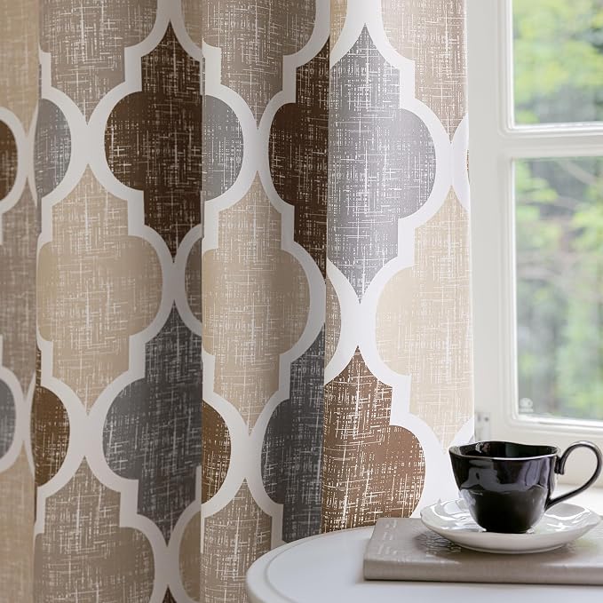 Beauoop Moroccan 100% Blackout Curtains Bedroom Brown Grey 50x72 2 Panels | Geometric Room Darkening Drapes for Living Room 84 Inch Long Thermal Insulated Soundproof Lattice Window Treatment Rod Pocket
