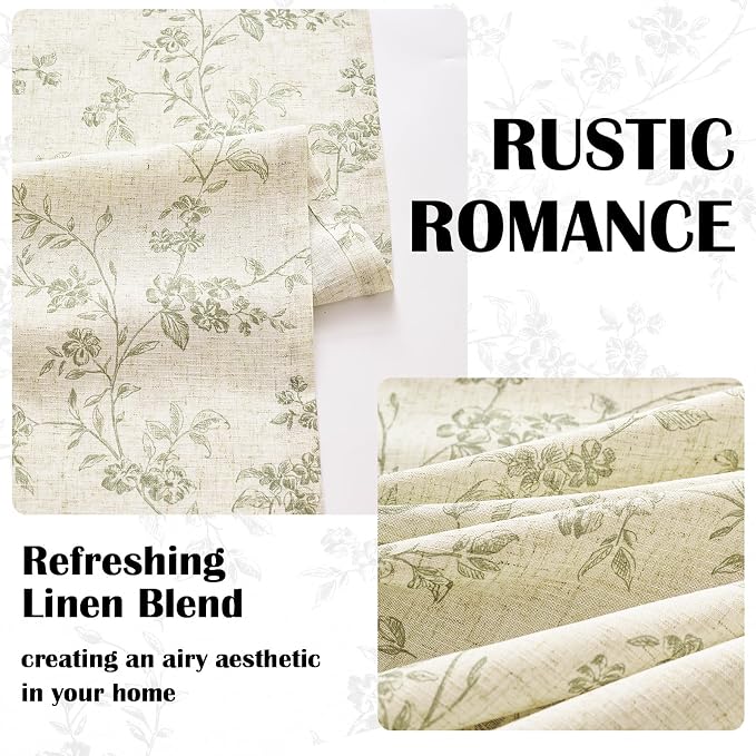 Lazzzy Elisa Floral Kitchen Curtains 24 Inch Linen Cafe Curtains Farmhouse Half Window Drapes Over Sink Light Filtering for Small Windows Rod Pocket Back Tab 2 Panels Green on Beige