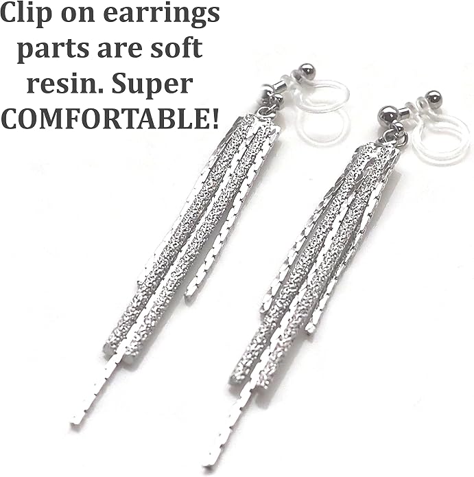 Comfortable Stick Invisible Clip On Earrings Gold Dangle Long Waved Threader Bar Clip-On Non Pierced Earrings Silver For Women,…