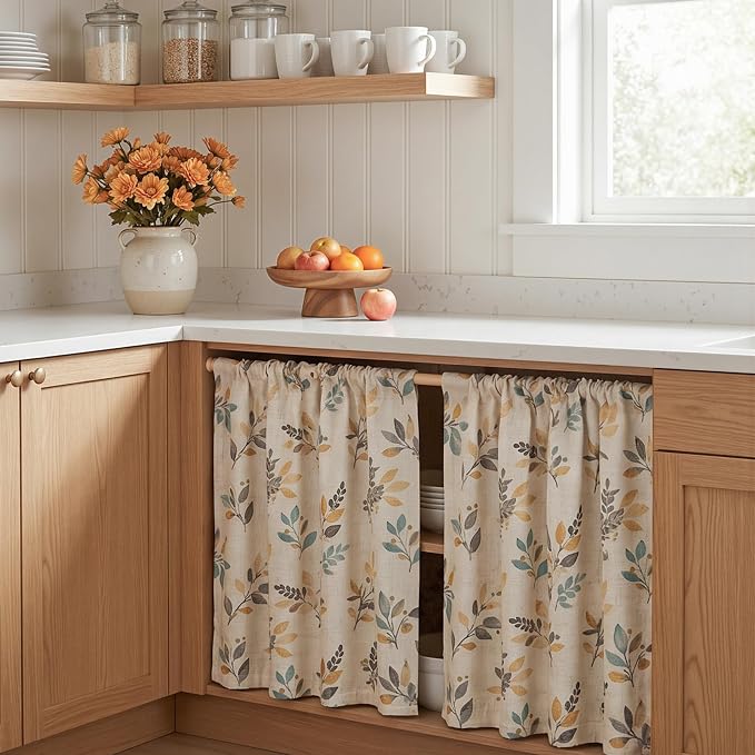 MYSKY HOME Linen Kitchen Tier Cafe Patterned Curtains 24 Inch Length 2 Panels Farmhouse Semi Sheer Privacy Small Window Treatments Rod Pocket for Bathroom Basement, Yellow and Blue, 30" Each Panel
